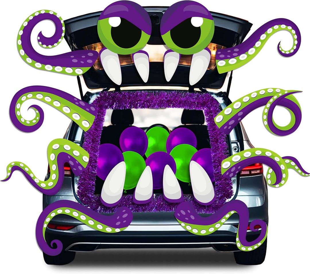 Cinrobiye Halloween Trunk or Treat Car Decorations Kit for Suv,Purple Octopus with Tentacles Entryway Archway Car Banner,Garage Door Border Frame Haunted House Outdoor Supplies Decor with Balloons