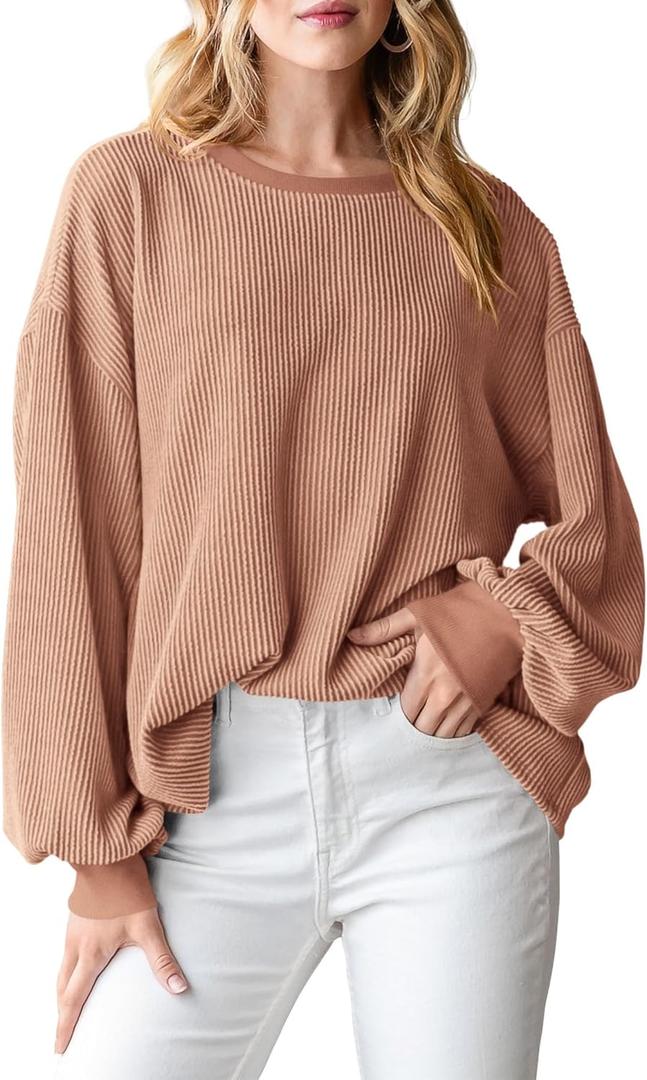 PRETTYGARDEN Womens Long Sleeve Tops 2025 Fall Fashion Shirts Trendy Clothes Casual Loose Crewneck Ribbed Knit Tunic Blouse (L)