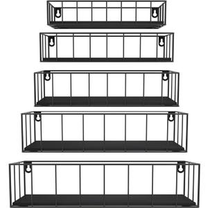 CRUGLA Black Floating Shelves Wall Mounted Set of 5, Hanging Wall Shelf with Rail for Bathroom, Bedroom, Living Room, Kitchen