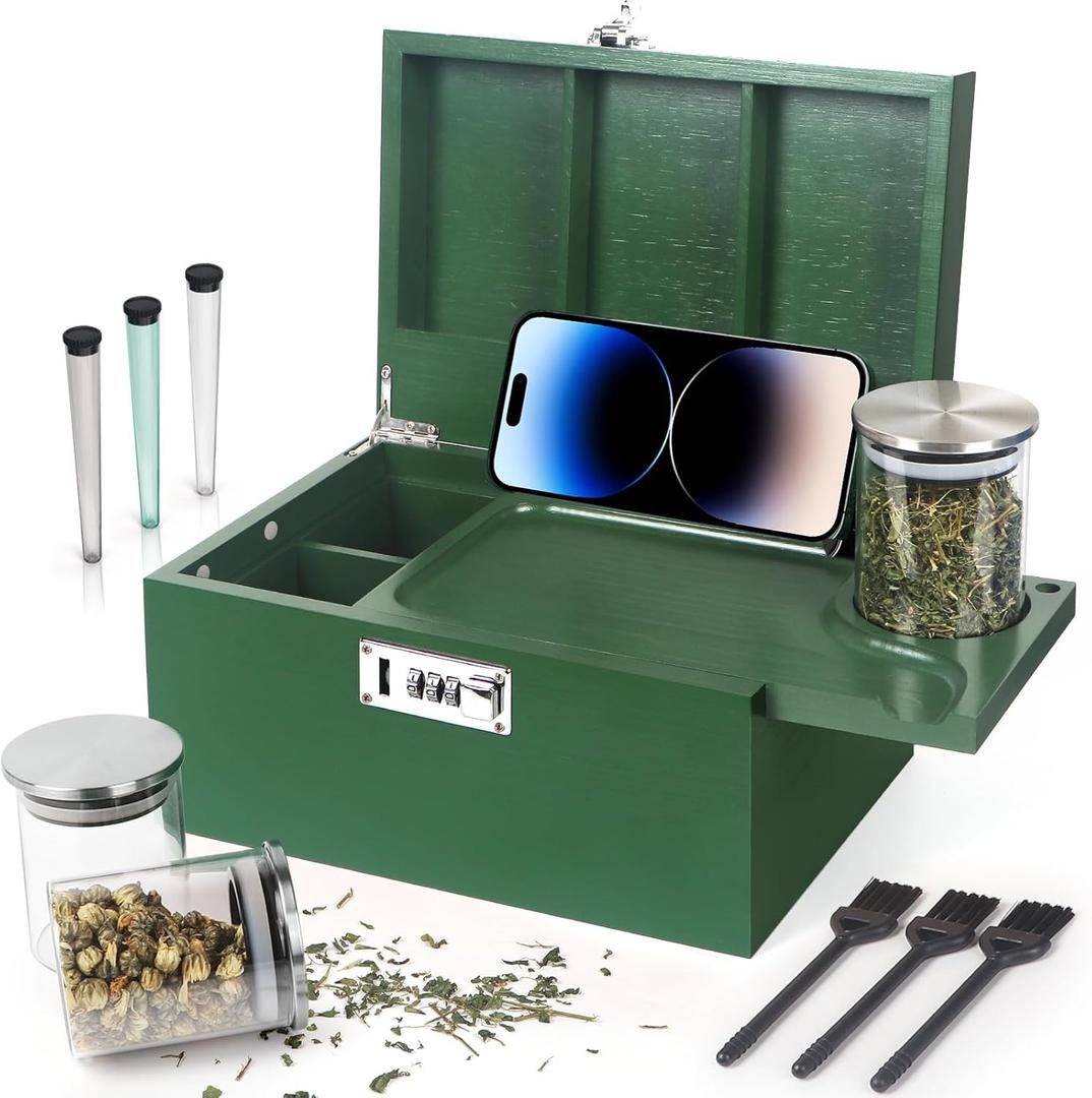 Large Green Bamboo Box with Combination Lock, Decorative Storage Box with Removable Tray & Detachable Compartment, Wooden Boxes with Alright Jars & Brushes & Storage Tubes as Great Gift Choice