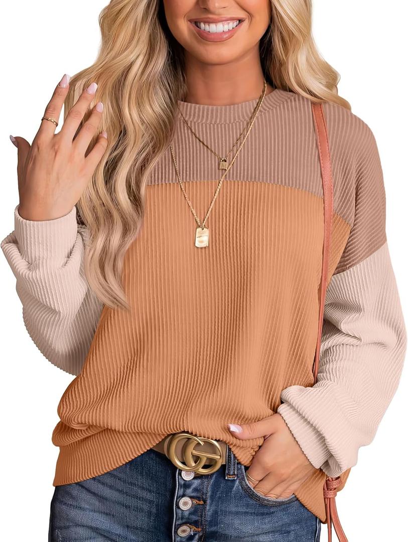 WIHOLL Womens Fall Fashion 2025 Long Sleeve Shirts Color Block Knitted Ribbed Tunic Tops Casual Loose Fit Trendy (L)