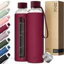 KIVY Glass Water Bottle with Silicone Sleeve 32 oz [WITH MEASUREMENT] - Borosilicate Glass Water Bottle Screw Top - Clear Bottles with Measurement Marking - Slim Waterbottle Aesthetic - Dark Ruby