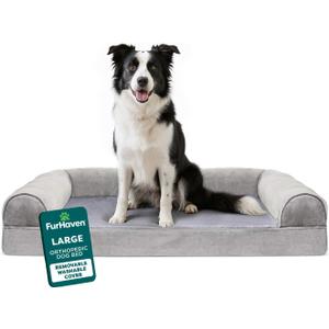 Furhaven Orthopedic Dog Bed for Large/Medium Dogs w/ Removable Bolsters & Washable Cover, For Dogs Up to 55 lbs - Faux Fur & Velvet Sofa - Smoke Gray, Large