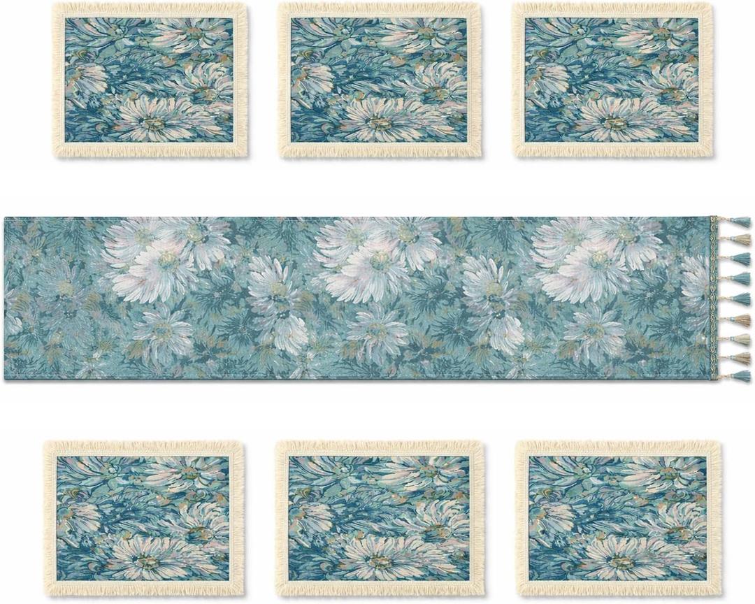 7 Pcs Table Runners and Rectangle Placemats Set, Floral Jacquard Woven Table Runner with Tassels & 6 Matching Placemats, Vintage French Style Dining Table Decor for Kitchen, Dining Room, Holidays
