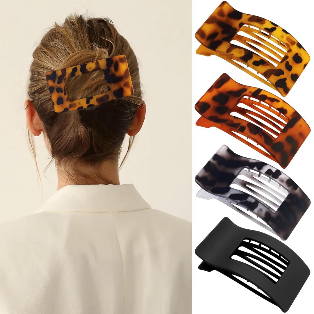 4 PCS Flat Hair Clips for Women, Lay Down Claw Clip Strong Hold Square Hair Accessories for Thick & Thin Hair, French Non-slip Hair Clips, Leopard Color 2
