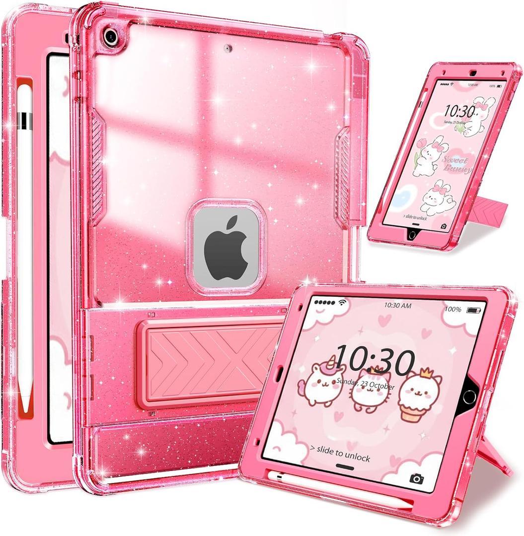 INFILAND Case for iPad 9th/8th/7th Generation 2021/2020/2019 10.2 inch Glitter Clear, Shockproof Protective Cute iPad 7/8/9 Gen Cover with Stand, Pencil Holder for Kids, Girls, Women (Pink)