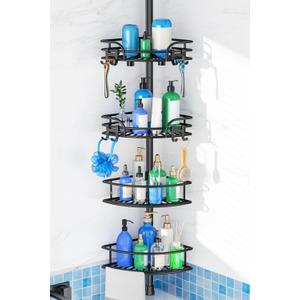 HAMITOR Corner Shower Caddy Tension Pole: 4-Tier Large Capacity Bathroom Organizer Shelf with Towel Bar - Rustproof No-Drill Adjustable 47-123 inch Storage for Renters, Home Bathtub Stand Rack, Black