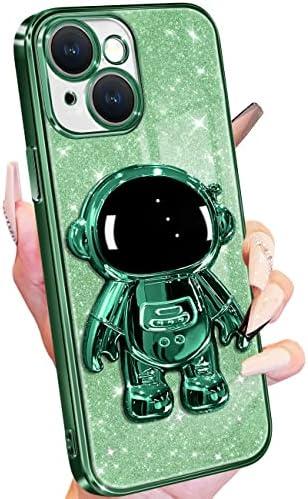 Buleens for iPhone 13 Case Astronaut, Clear Cases for iPhone 13 with Glitter Paper & Spaceman Stand, Women Girls Cute Electroplated Sparkly Space Phone Cover for 13 Green