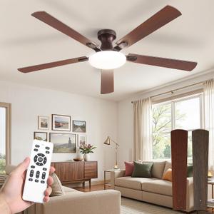 LEDIARY 60 Inch Flush Mount Ceiling Fans with Lights, Remote & APP Control | 3CCT,Stepless Dimmable,Memory Function,Timer,6-speed,Reversible Blade, Quiet DC Motor, Damp-Rated, Living Room, Covered Patio