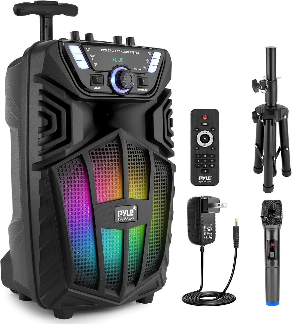 Pyle 8’’ Portable Bluetooth PA Speaker Kit with Wireless Mic, Speaker Stand, and LED Lights, MP3/USB/FM Radio, Aux Input, Bluetooth 5.0, 9.3’’x7.8’’x14.3’’ Inch Wireless Stereo, Event Ready