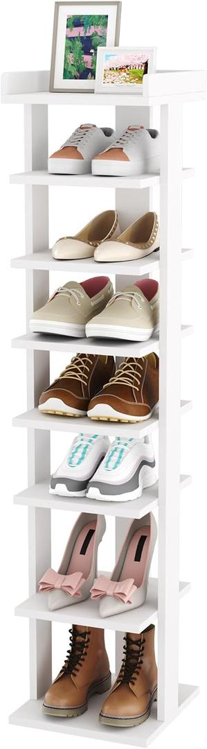 HOMEFORT 7-Tier Wood Shoe Rack, Entryway Shoe Tower,Vertical Shoe Organizer, Wooden Shoe Storage Stand, White, 11"Dx11"Wx45.1"H