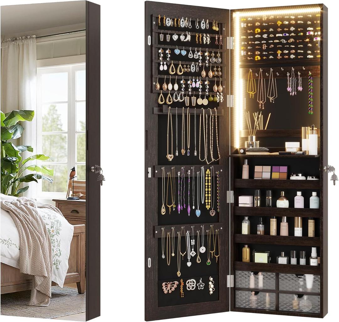Vlsrka 47.2" LED Jewelry Mirror Cabinet, Wall/Door Mounted Jewelry Armoire Organizer with Full Length Mirror, Hanging Storage Cabinet with 4 Drawers, 5 Shelves, Built-in Lighted Mirror, (Dark Brown)