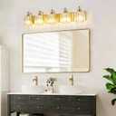 5-Light Modern Vanity Lights Brushed Brass Bathroom Light Fixtures Over Mirror Gold Bathroom Vanity Lighting with Crystal Shade E26 Base Wall Sconce for Bedroom Living Room Restroom Wall Lamp