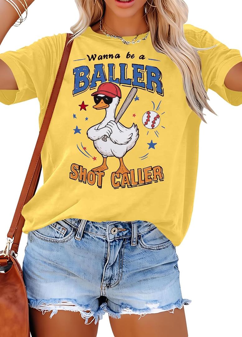 Women Baseball Mom Graphic T-Shirt Vintage Print Short Sleeve Tee Game Day Softball Fan Tops Soft (Yellow, L)