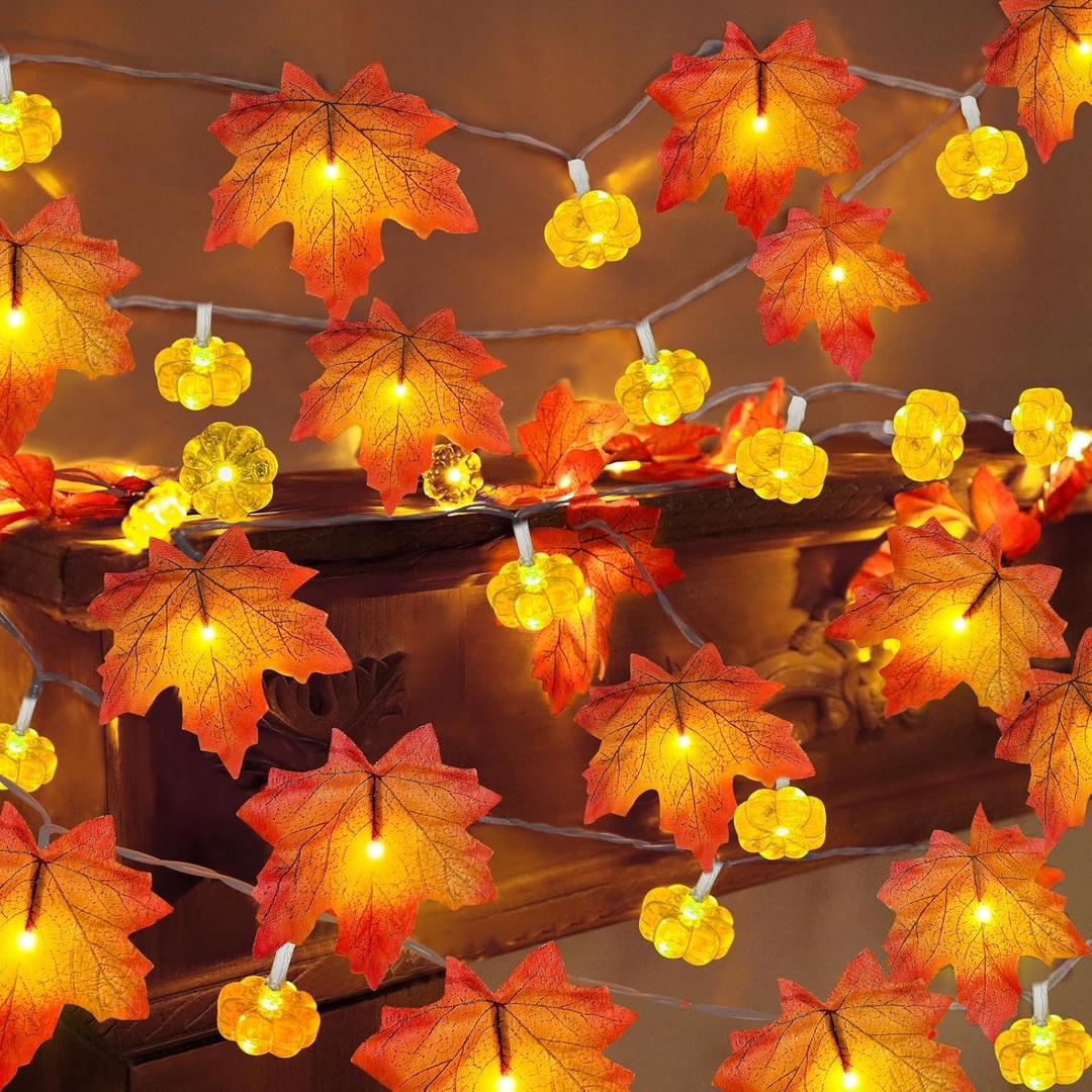 Pack of 2 & Timer - Fall Garland with Pumpkin Lights Halloween Fall Decor for Home 60LED 20Ft Enlarged Maples Leaves Halloween Garland Lights Indoor Battery Operated Thanksgiving Decor Wedding Christmas