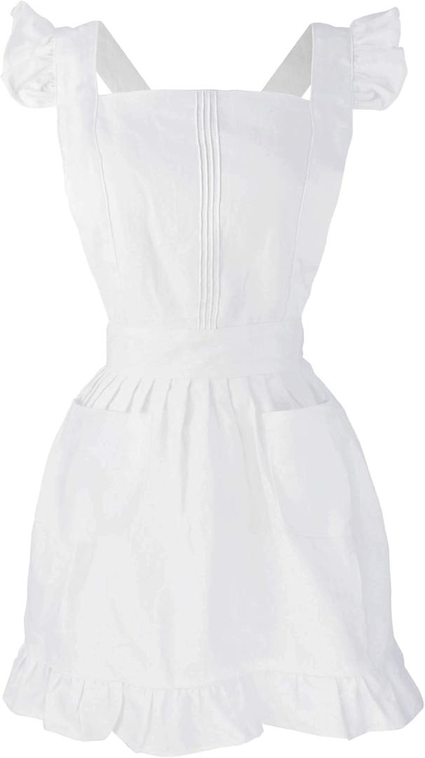 Retro Adjustable Ruffle Apron Kitchen Cooking Baking Cleaning Maid Costume (White)