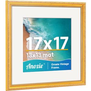 Vintage 17x17 Picture Frame, Antique Gold Photo Frames with Plexiglass Front,Ornate Square 17x17 Frame Display 13x13 with Mat or 17 x 17 Picture Frame Without, Wall Décor,1 Pack,Gold