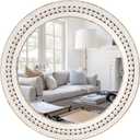 H HOMEWINS Rustic Round Mirror, 24" Wooden Circle Mirrors,Farmhouse Wall-Mounted White Beads Decor Mirror for Bedroom, Bathroom, Living Room,Vanity