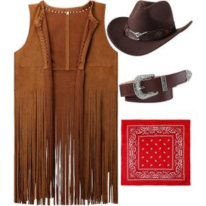 Hercicy Western Outfits for Women Cowgirl Tassel Sleeveless Vest Cowboy Hat Belt and Paisley Bandana for Halloween Dress Up (Small, Brown)
