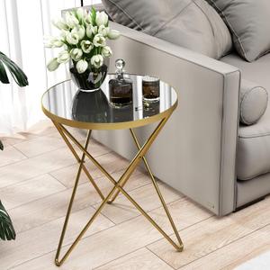 HLR Modern Round Side Table, End Table with Marble Effect Top and Gold Metal Frame, Small Side Table for Living Room, Bedroom, Sofa and Couch, Gold Legs, Mirror top, 1-pack