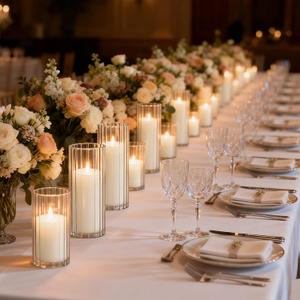 24 Pack White Pillar Candles + 24 Pack Vertical Ribbed Clear Glass Cylinder Holders, Hurricane Candle Shades for Wedding, Home, Party Table Centerpieces Decor