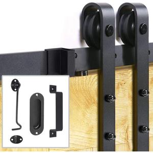 Signstek Sliding Barn Door Hardware Kit 6.6 FT Heavy Duty-Smoothly and Quietly- Easy to Install with Door Hook and 2 Handles - Fit 1 3/8-1 3/4" Thickness  Black (J Shape Hanger)