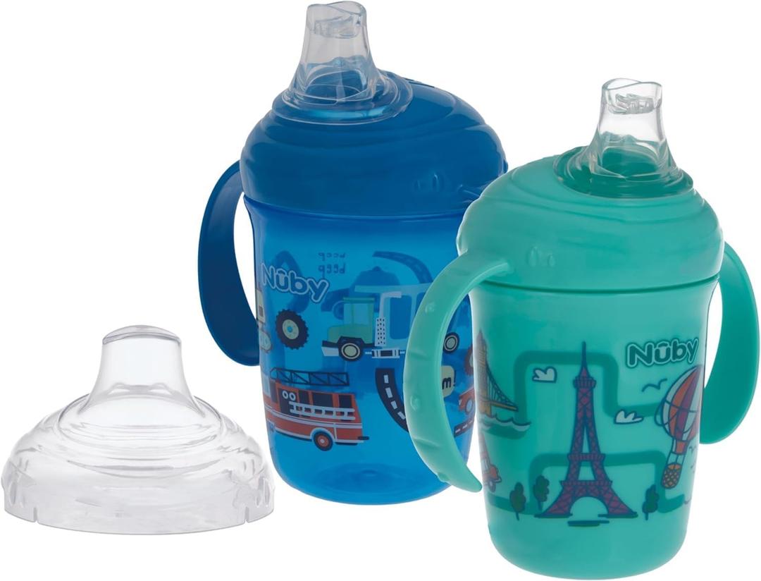 Nuby No-Spill Two Handle Babys First Soft Spout Cup with Hygienic Cover | 2 pack: Aqua Travel & Blue Cars or Aqua Ocean & Pink Animals | 8oz/ 240 ml | 4+ Months | 2 pack