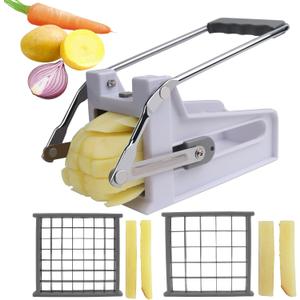 French Fry Cutter with 2 Stainless Steel Blades | Potato Cutter for Slicing Potatoes, Carrots, Cucumbers & Onions | Non-Slip Base, Durable Plastic Design | Grey & White Kitchen Gadget