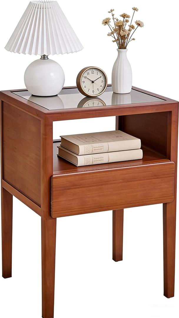 JIKUGO Bamboo Nightstand with Tempered Glass Surface, No Assembly Bedside Table with Storage Shelf, Walnut, 15.8 x 14.2 x 21.7 Inches