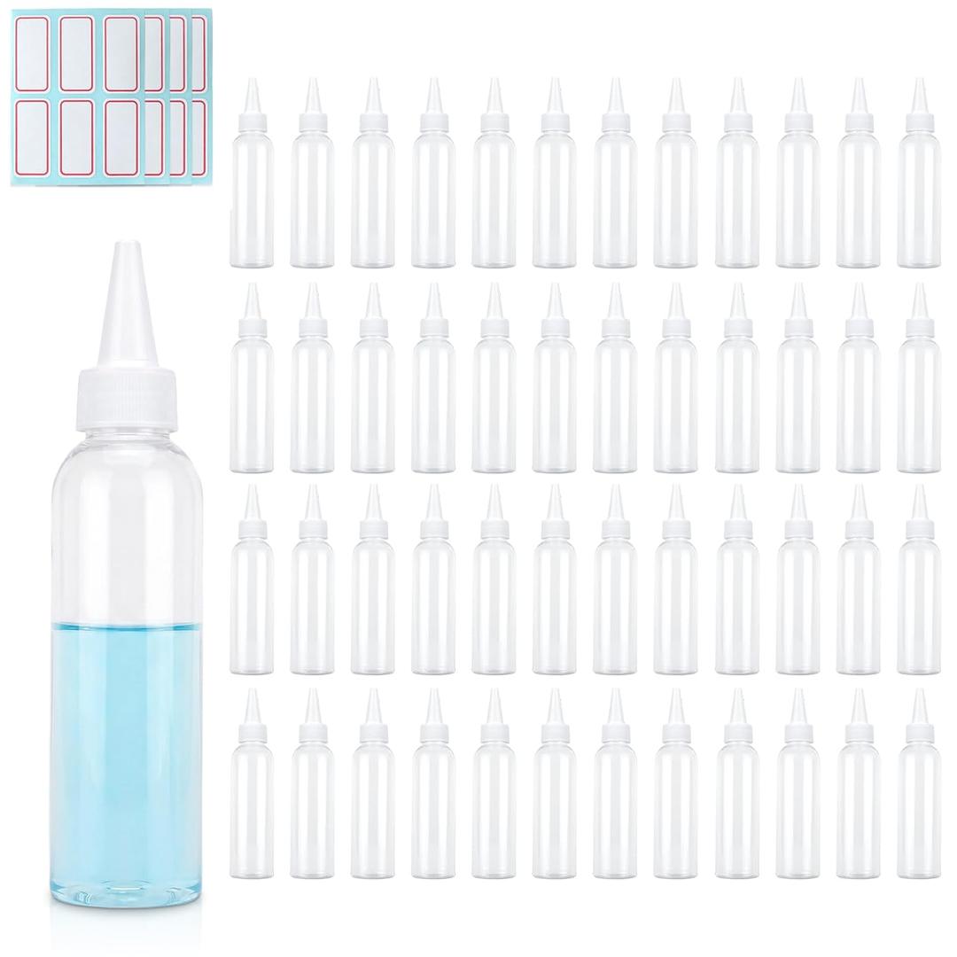 TRENDBOX 2oz Clear Plastic Bottles Applicator with Twist Top Cap BPA-Free For Hair Oils and Liquids 48 Pack with 48pcs Labels