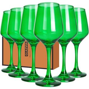 Green Wine Glasses Set of 6, 12oz Stemmed Crystal Glasses, Thick & Colored, Dishwasher Safe Stemware for Red or White, Gift for Party, Holiday, Anniversary, Restaurant, Home Bar, Daily Use