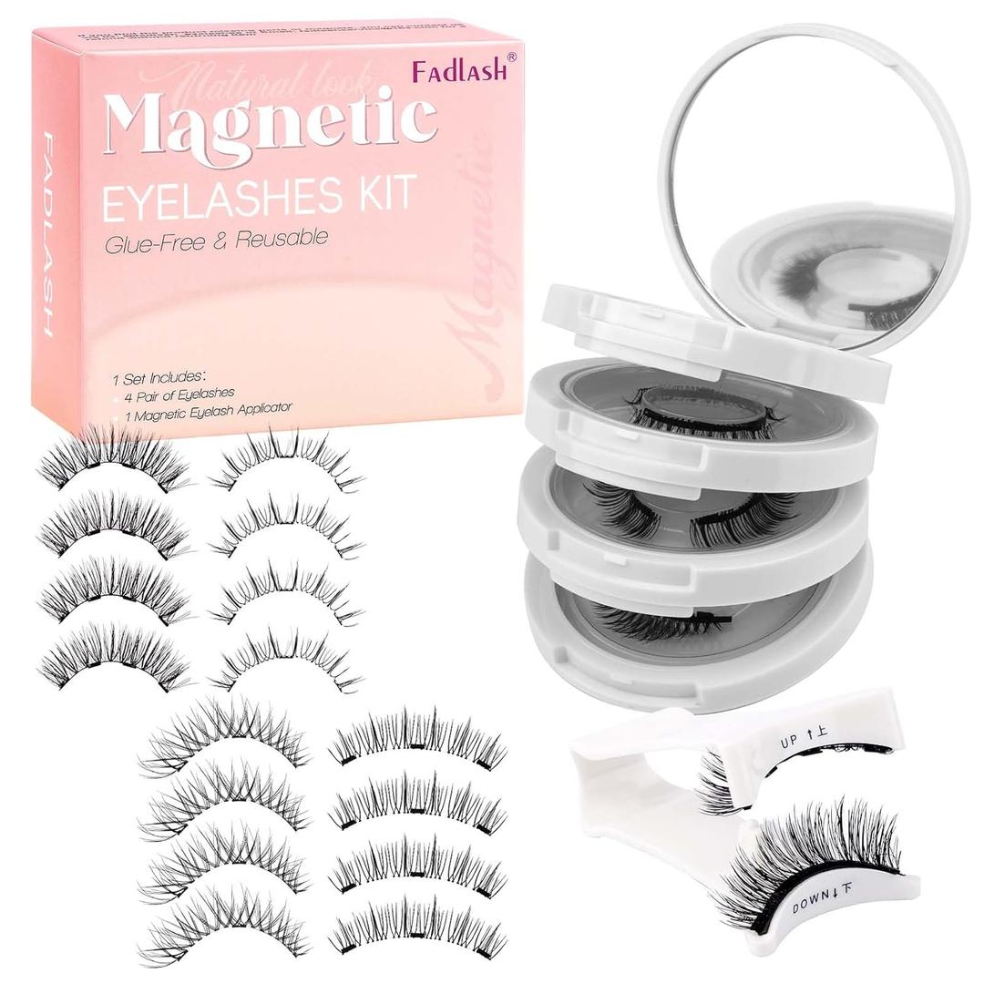FADLASH Magnetic Eyelashes with Applicator Natural Look Magnetic Lashes Reusable 4 Pairs False Eyelashes Kit Easy to Wear and Remove (KS01+B1+MC+K8)
