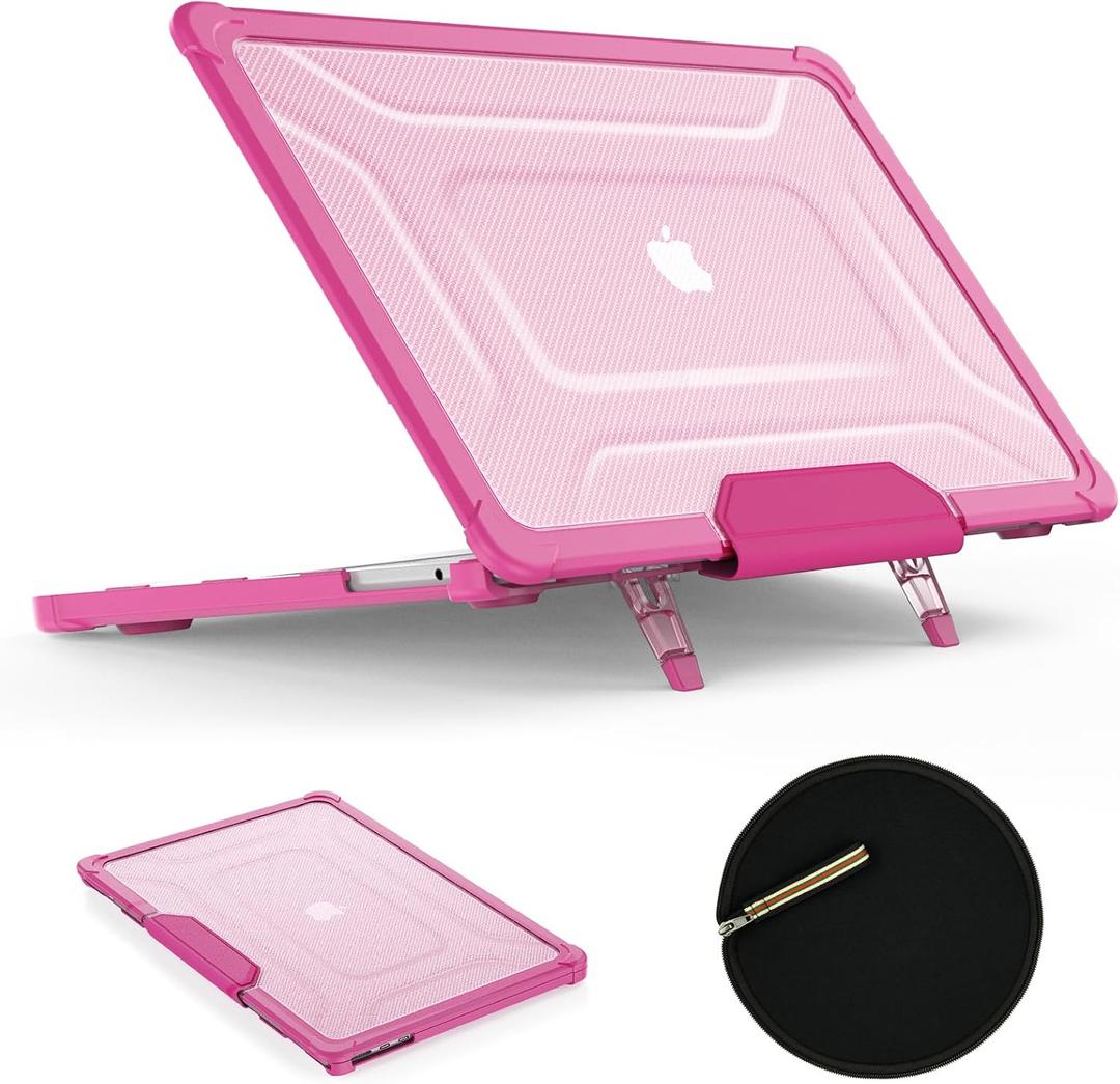 SEYMAC stock Case for MacBook Air 15 inch 2025-2023 Release A3241 A3114/A2941 M4-M2 Chip, Shock-Absorbing Protection with Folding Stand &Mouse Pad/Bag Case for MacBook Air 15'' (Pink)