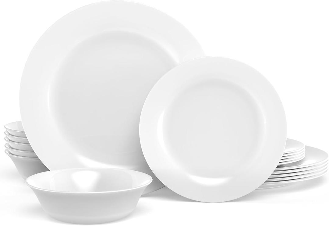 Dinnerware Set, HomeElves 18-PCS Kitchen Opal Dishes Set Service for 6, Lightweight Glass Plates and Bowls Set, Safety for Microwave & Dishwasher, Break and Chip Resistant (Round: Service for 6 (18pcs), Opal Glass-White)