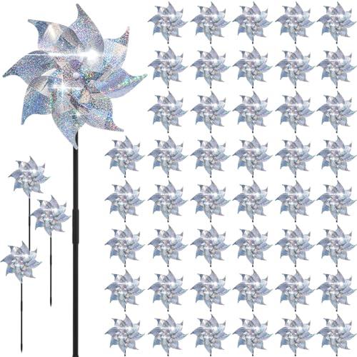Qualirey 48 Pack Reflective Pinwheels with Stakes Sparkly Pinwheels for Yard and Garden Windmill Wind Spinners Efficiency Reflective Material Deterrents Keep Birds Away Garden Yard Lawn (Silver)