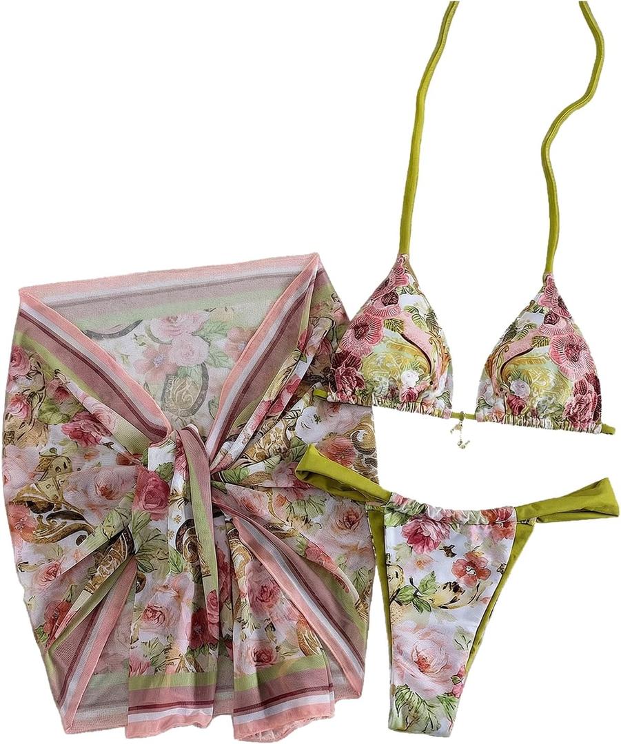RoseSeek Women's 3 Piece Floral Bikini Sets Halter Bras and Thongs with Tie Front Skirts Summer Beachwear, Multicolor M