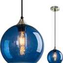 Blue Glass Pendant Lights Kitchen Island Lighting Globe Pendant Light Fixtures Modern Pendant Lighting for Kitchen Island Bedroom Living Dining Room Light Fixture(7.87in, 1-Pack)