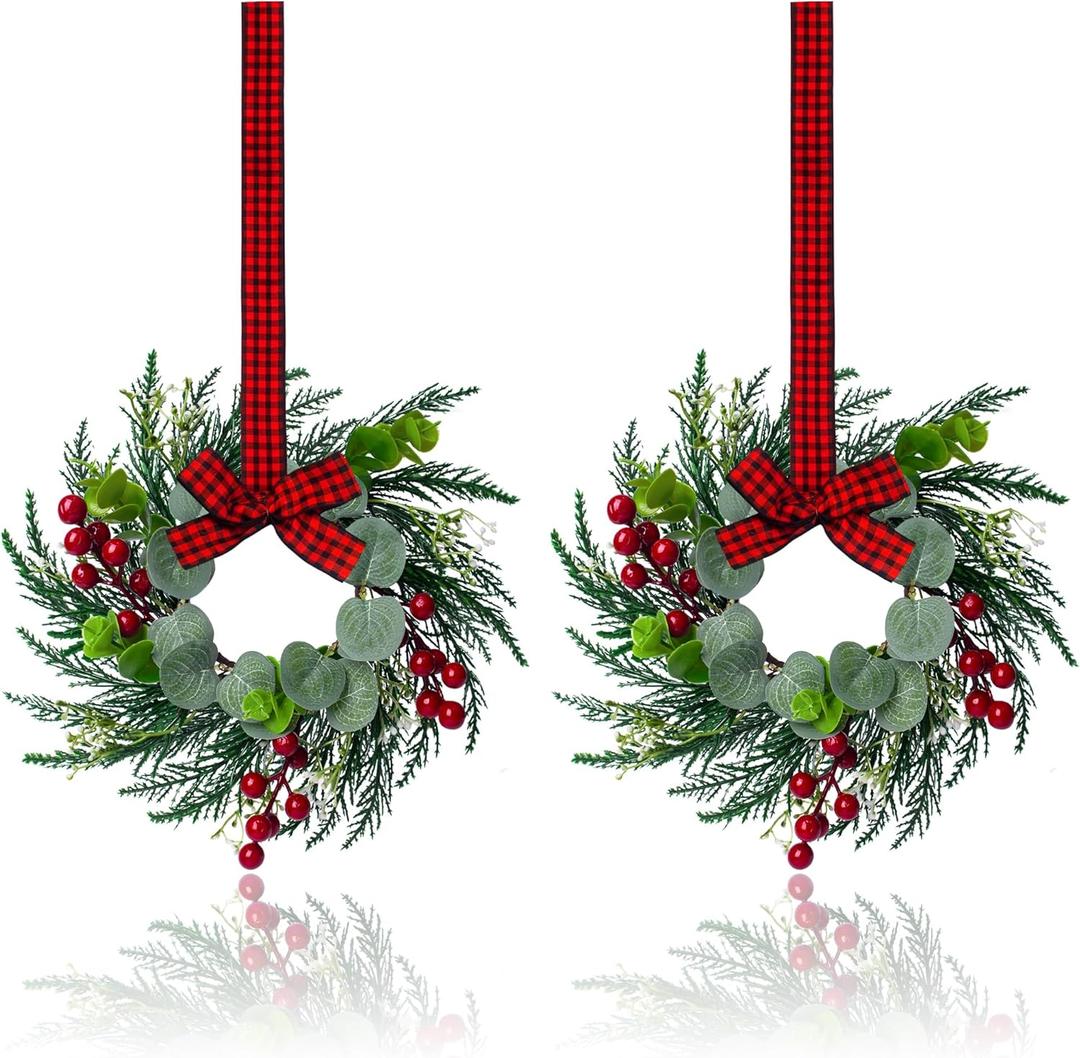 2 Pcs Christmas Wreath, 10 Inch Mini Wreaths for Kitchen Cabinets, Christmas Door Wreath, Small Christmas Wreath for Fireplace Window Farmhouse Indoor Home Decorations