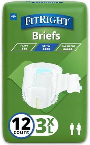 FitRight Bariatric Adult Diapers, Ultra Heavy Absorbency, 3XL (Waist Size 65in-84in), 12 Count, Disposable Incontinence Briefs for Men and Women, Moisture-Wicking, Leak Protection,