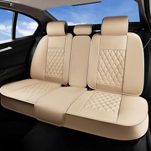 Huidasource Beige Rear Seat Cover, Nappa Leather Back Seat Cover Velcro Adjustable, Compatible with Seat Belts, Child Safety Seats, Fit for Most Cars SUVs Trucks (Back Row/Beige)
