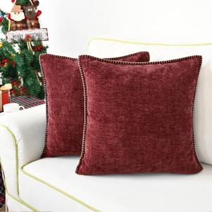 CaliTime Throw Pillow Covers Decorative 18 X 18 Inches Pack of 2 Cotton Thread Stitching Edges Solid Dyed Soft Chenille Cushion Cases for Couch Sofa Bed Living Room Farmhouse Burgundy (18" x 18" (Pack of 2))