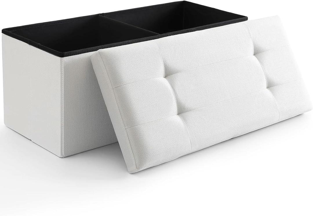 Storage Ottoman Bench Foldable Seat Footrest Shoe Bench End of Bed Storage with Flipping Lid, 75L Storage Space, 30 inches Linen Fabric White, OT026WS