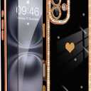 for iPhone 16 Plus Case Cute Love Heart Plating for Women, with Screen Protector, Glitter Sparkle Rhinestone Diamond Border Design Slim Rectangle Wireless Protection Case Cover, Black