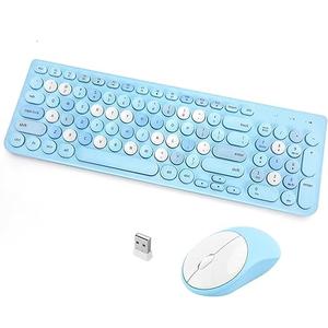 Wireless Keyboard and Mouse Combo, Retro Typewriter Keyboard with Round Keycaps, 2.4GHz USB Cute Wireless Keyboard Mouse for Computer, Desktop, Laptop (Blue Colorful)