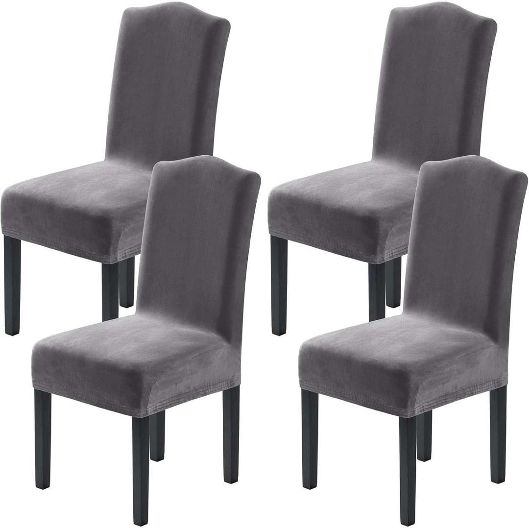 H.VERSAILTEX Velvet Dining Chair Covers Stretch Chair Covers for Dining Room Set of 4 Parson Chair Slipcovers Chair Protectors Covers Dining, Soft Thick Solid Velvet Fabric Washable, Grey