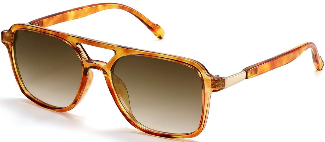 2 x YUNKRK Retro Aviator Sunglasses for Women Men Vintage Square Pilot Sun Glasses Trendy Sunnies Unisex 100% UV Protection Light Tortoise Frame Light Brown Gradient Lens