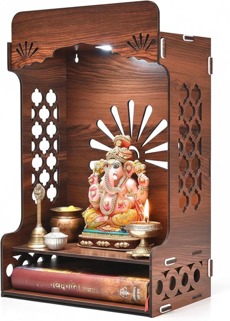 Pooja Mandir for Home, Wooden Temple with Storage Shelf & LED Spotlight, DIY Wall Mounted Puja Mandirs, Home Temple Devghar, Puja Stand for God Idols, Office, Shop - (16 x 10 Inches)