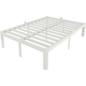 White Bed Frame Queen Size 14 Inch, Metal Queen Bed Frame No Box Spring Needed, Heavy Duty Steel Support 3500 LBS, DIY Headboard, Noiseless, Round Corner Legs, Storage Space, Easy Assembly