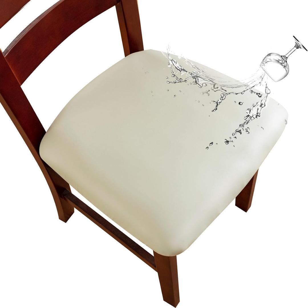 Genina Waterproof PU Leather Seat Covers for Dining Chairs,Chair Seat Covers Set of 6, Stretchable Dining Room Chair Seat Covers for Chair Protector Slipcover for Kitchen (Creamy Beige)