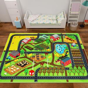 Kids Rug Play Rug for Toy Cars, 39.4"59" Farm Life Road Traffic for Playroom Kid Car Road Mat Village Map Play Mat Non-Slip Washable Carpet for Toddler Boy Family Tummy Time Playtime
